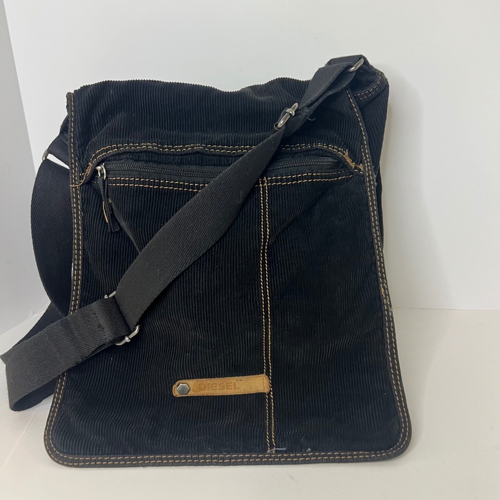 Vintage Diesel Spare Parts Corduroy Crossbody Messenger Bag Black 10 x 14 Flaw